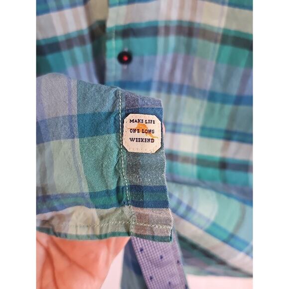 Tommy Bahama Jeans Blue Green Plaid Cotton Short Sleeve Button Up Shirt Size M - Picture 3 of 6